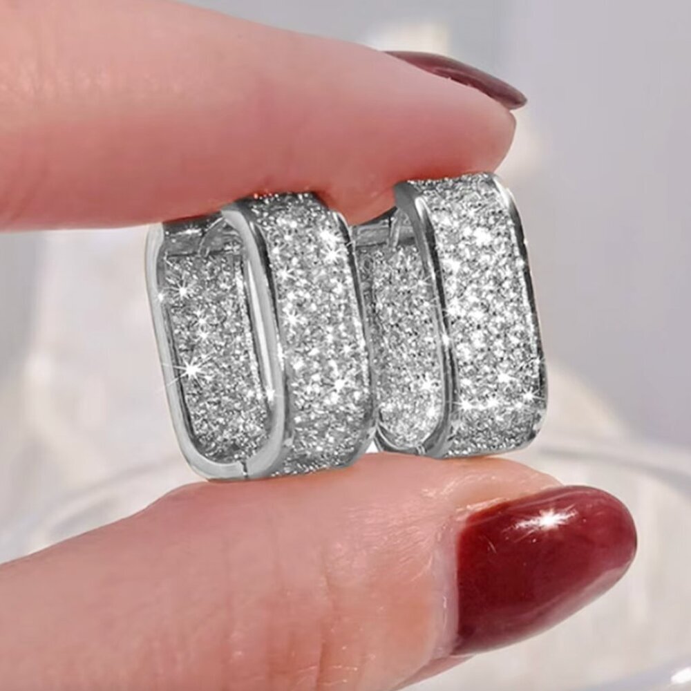 NEW 18k White Gold Diamond Hoop Earrings Rectangular Pave Diamond Hoops